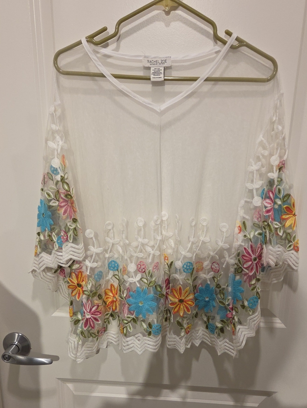 Rachel Zoe White Sheer Tunic with Multicolor Floral Embroidery